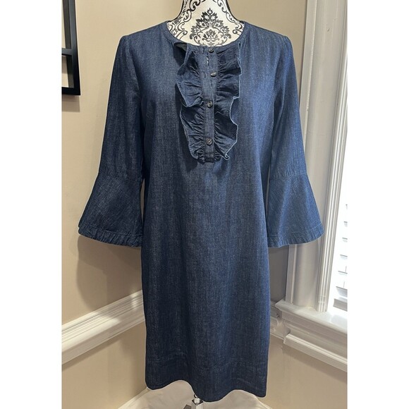 Draper James Denim Blue Chambray Ruffle Shift Dress Sz 8 Western Preppy Church - Picture 4 of 16
